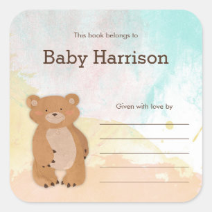 Sticker Carré Plaques de Baby shower de l'ours d'aquarelle neutr