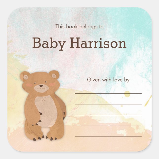 Sticker Carré Plaques de Baby shower de l'ours d'aquarelle neutr (Devant)