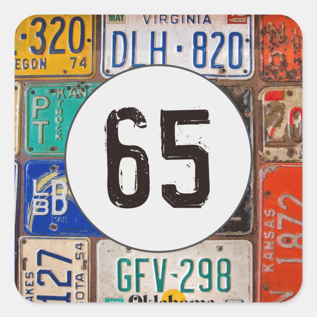 Sticker Carré Plaques de licence rouillées pour 65e anniversaire (Devant)