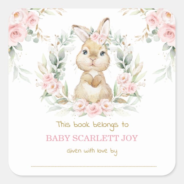 Sticker Carré Plate-forme de Baby shower lapin rose Floral (Devant)
