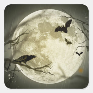 Sticker Carré Pleine lune avec chauves-souris et corbeau