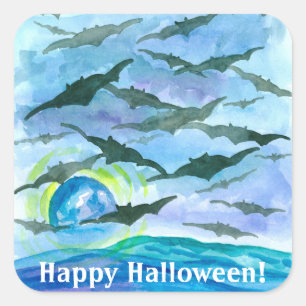 Sticker Carré Pleine lune chauves-souris joyeuses Halloween