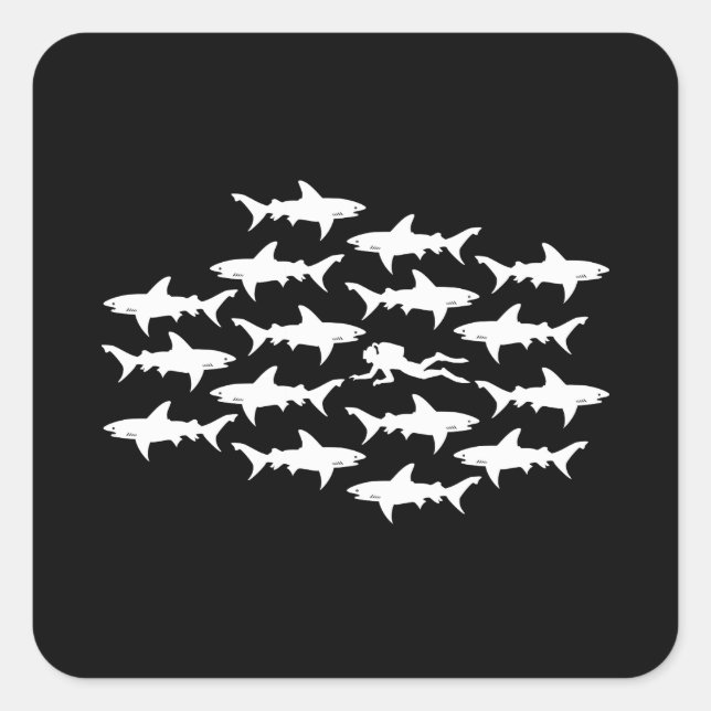 Sticker Carré Plongée plongée nage avec une école de requins (Devant)