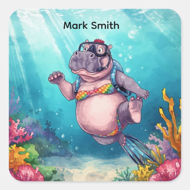 Sticker Carré Plongeur Scaphandrier Hippopotame sous l'eau  (Devant)