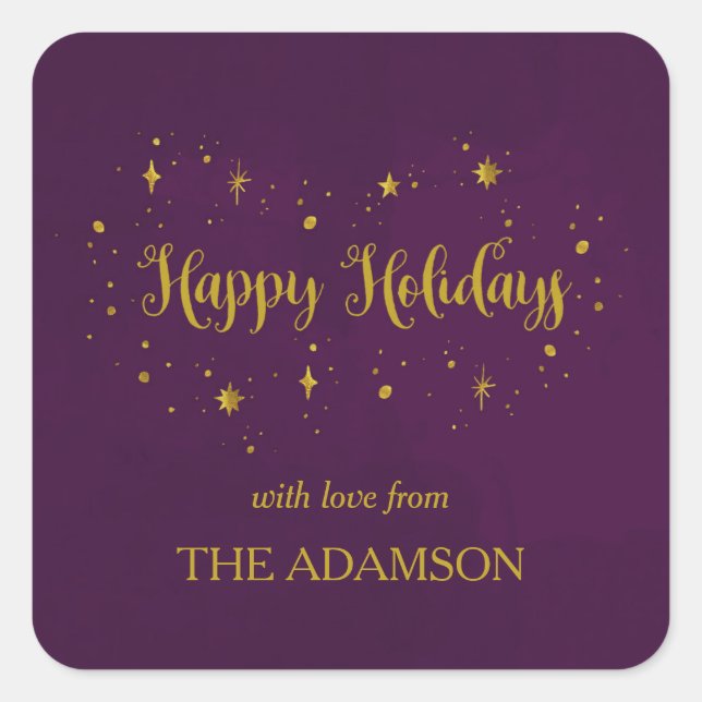 Sticker Carré Plum Purple et Gold Happy Holidays (Devant)