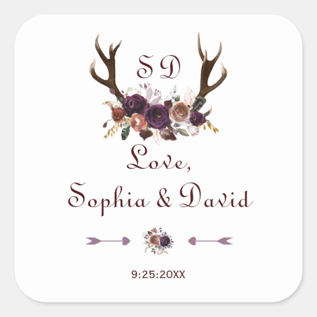 Sticker Carré Plum Purple Floral Antlers Mariage (Devant)