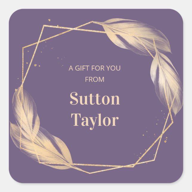 Sticker Carré Plumes d'or sur prune (Devant)