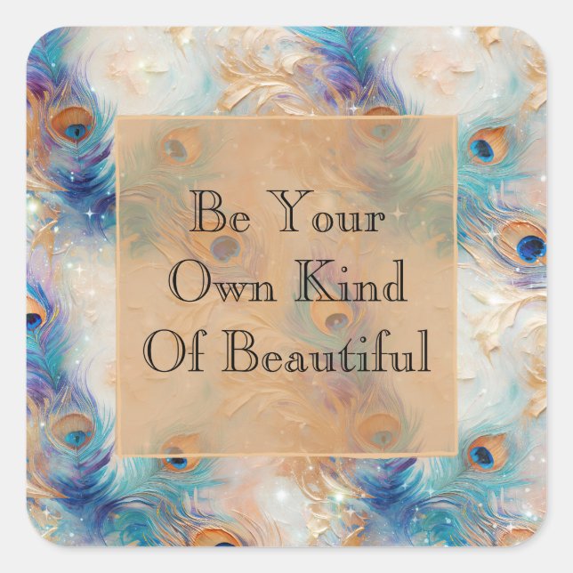 Sticker Carré Plumes Peacock Or Aqua Blanc (Devant)