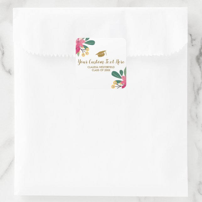 Sticker Carré Plutôt Floral Gold Graduation Cap personnalisé (Sac)