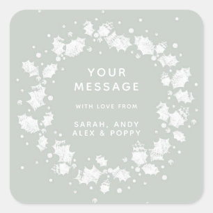 Sticker Carré Plutôt Gris Vert Personnalisé Noël Holly Wreath