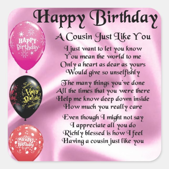 Sticker Carré Poème Cousin - rose - Joyeux anniversaire (Devant)