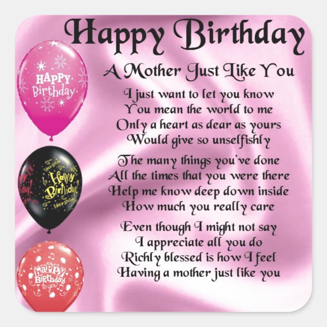 Sticker Carré Poème de mère - joyeux anniversaire (Devant)