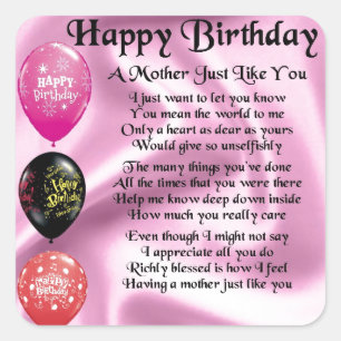 Sticker Carré Poème de mère - joyeux anniversaire