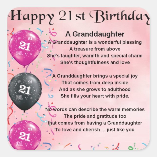 Sticker Carré Poème de petite fille - 21ème anniversaire (Devant)