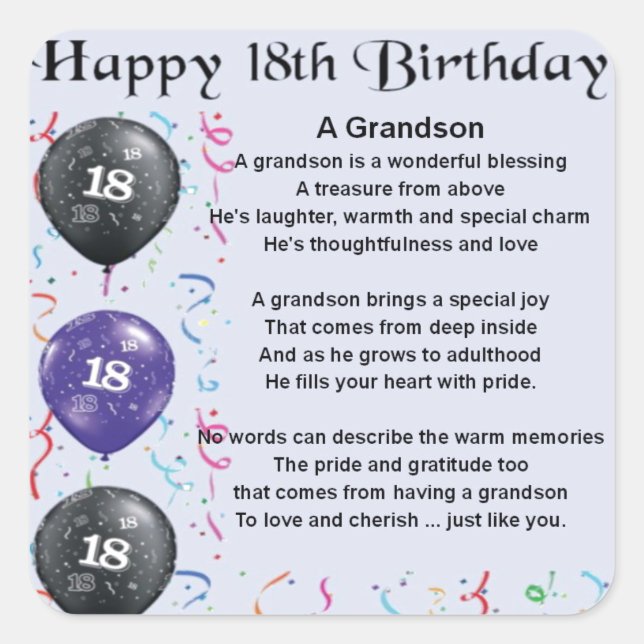 Sticker Carré Poème Grandson - 18ème anniversaire (Devant)