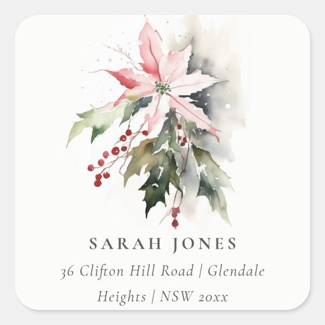 Sticker Carré Poinsettia Berries Foliage Aquarelle Adresse (Devant)