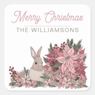 Sticker Carré Poinsettia Rabbit Joyeux Noël rose