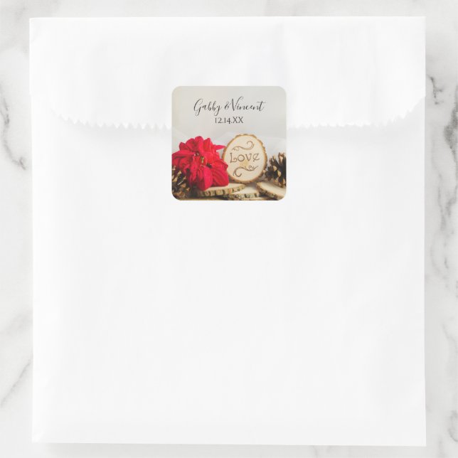 Sticker Carré Poinsettia Rustique Mariage d'hiver favori Étiquet (Sac)