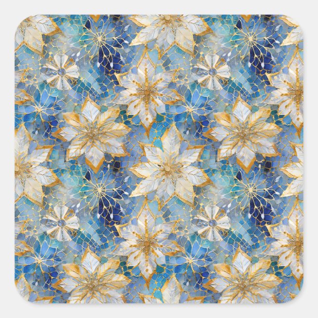 Sticker Carré Poinsettias de Noël Blanc Bleu (Devant)