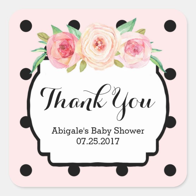 Sticker Carré Points noirs roses Baby shower floral Favoriser le (Devant)