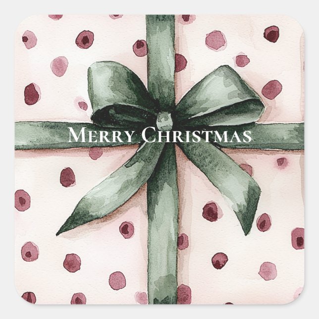 Sticker Carré Points roses de Noël Ruban vert & Bow (Devant)