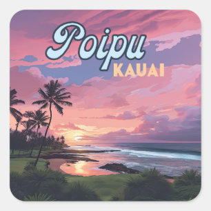 Sticker Carré Poipu Kauai Hawaii Plage Palmiers Rétro