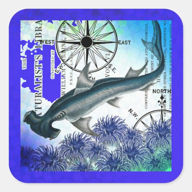 Sticker Carré Poirier requin marteau Collage nautique sous-marin (Devant)