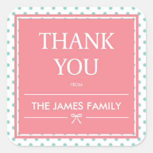 Sticker Carré Pois de Baby shower rose et Merci de ruban