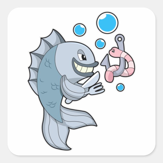 Sticker Carré Poisson avec hameçon et ver de poisson (Devant)