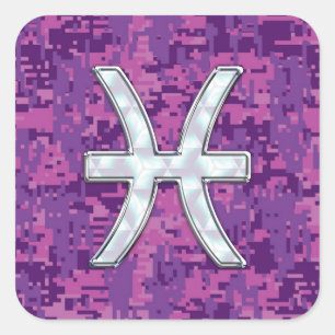 Sticker Carré Poissons Zodiac sur Camouflage numérique rose Fuch