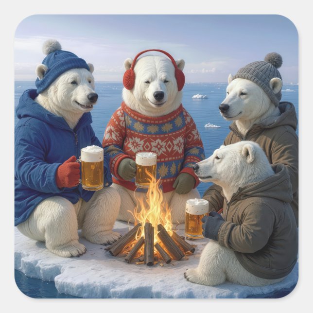 Sticker Carré Polar Bears Drinking Around a Campfire  (Devant)