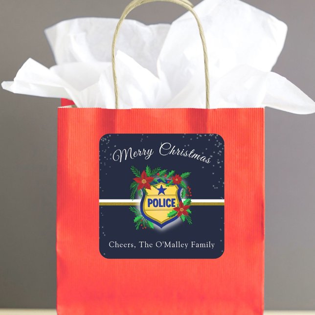 Sticker Carré Police Shield With Poinsettias Merry Christmas  (Créateur téléchargé)