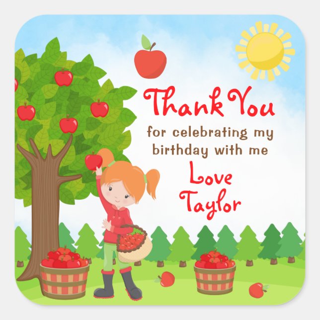 Sticker Carré Pomme cueillir Cheveux Rouge fille Anniversaire Me (Devant)