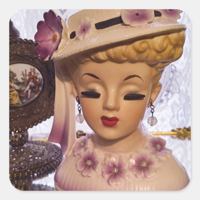 Sticker Carré Pomme Lady Head Vase Fleurs de parfum Bouteille (Devant)
