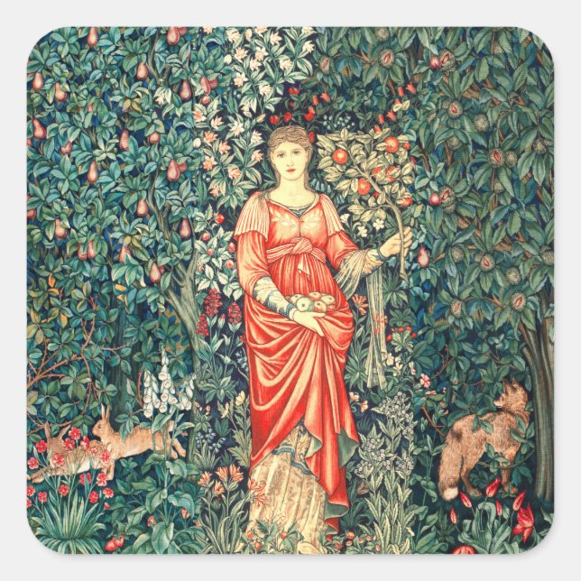 STICKER CARRÉ POMONA TENANT DES FRUITS EN VERDURE, ANIMAUX FORES (Devant)