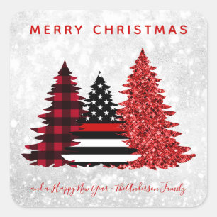 Sticker Carré Pompier Noël Red Line Plaid Parties scintillant A