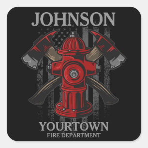 Sticker Carré Pompier NOM Fire Department Hydrant USA Drapeau