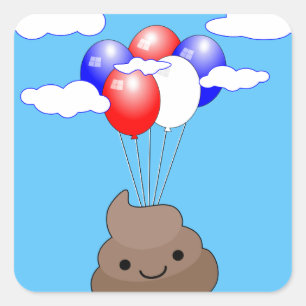 Sticker Carré Poo Emoji Voler Avec Des Ballons Dans Le Ciel Bleu