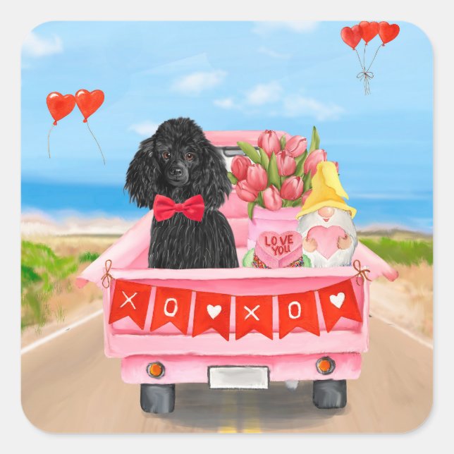 Sticker Carré Poodle Chien Saint-Valentin Coeurs de Camion (Devant)
