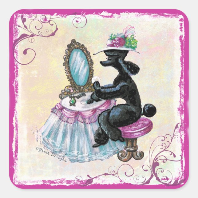 Sticker Carré Poodle noir rétro dans son Boudoir (Devant)