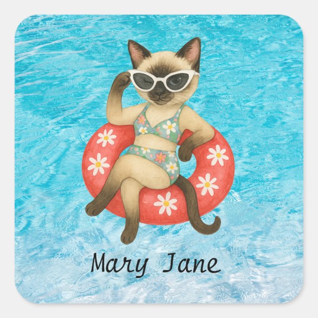 Sticker Carré Pool Birthday Party for Cat Lovers with name (Devant)