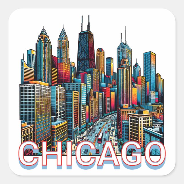 Sticker Carré Pop art Comic Book Art Chicago Illinois Skyline (Devant)