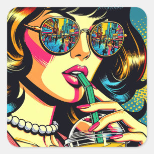 Sticker Carré Pop Art Comic Livre Jolie femme Boire Boba