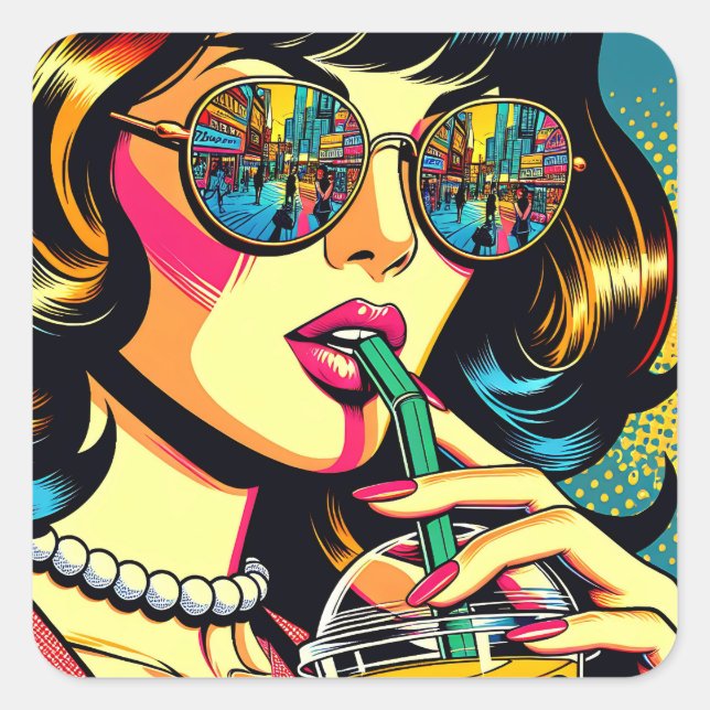 Sticker Carré Pop Art Comic Livre Jolie femme Boire Boba (Devant)