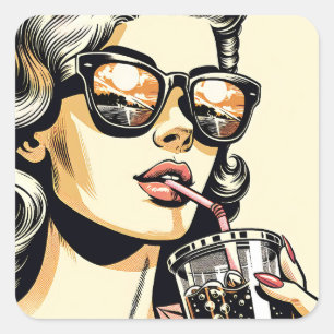 Sticker Carré Pop Art Comic Livre Jolie Femme Boire Soda