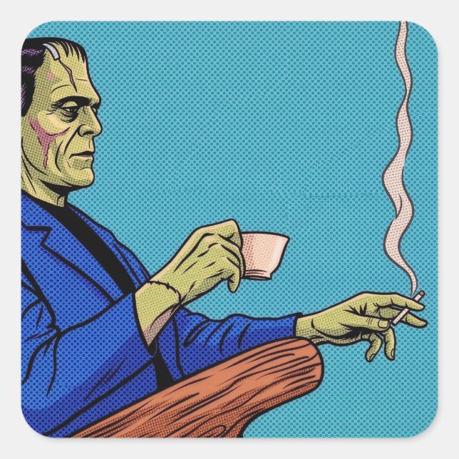Sticker Carré Pop Art Frankenstein Monster Drinking Tea Halftone (Devant)
