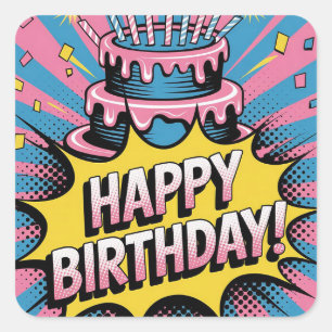 Sticker Carré Pop Art Joyeux gâteau d'anniversaire