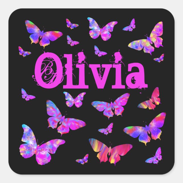 Sticker Carré Pop Art Olivia Pink & Purple Butple Ajouter un nom (Devant)