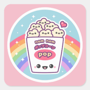 Sticker Carré Popcorn arc-en-ciel de Kawaii