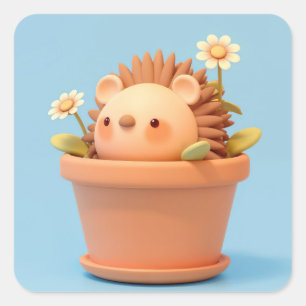 Sticker Carré Porc-épic en argile mignon dans un pot orange